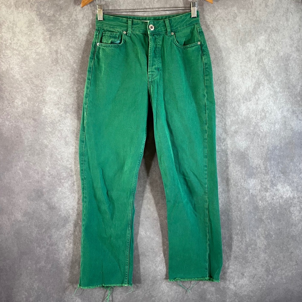 Zara Straight Leg Jeans Womens 4 Green High Rise Raw Hem 100% Cotton 6147/062